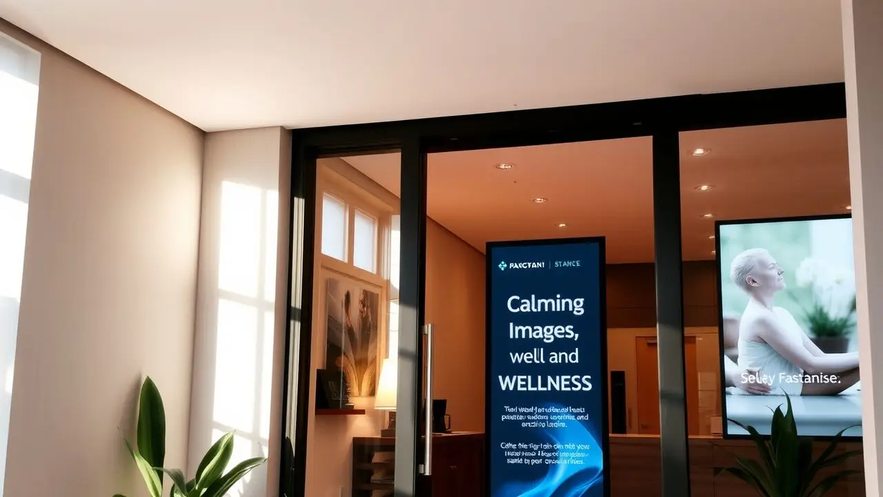 A spa entrance with modern digital sign promoting wellness and relaxation.