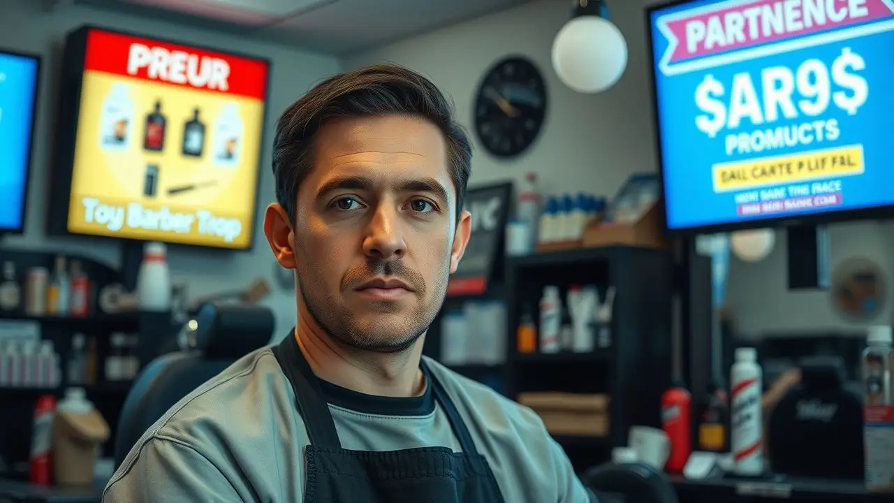 A barber working in a neighborhood salon with a casual atmosphere. A barber working in a neighborhood salon with a casual atmosphere.