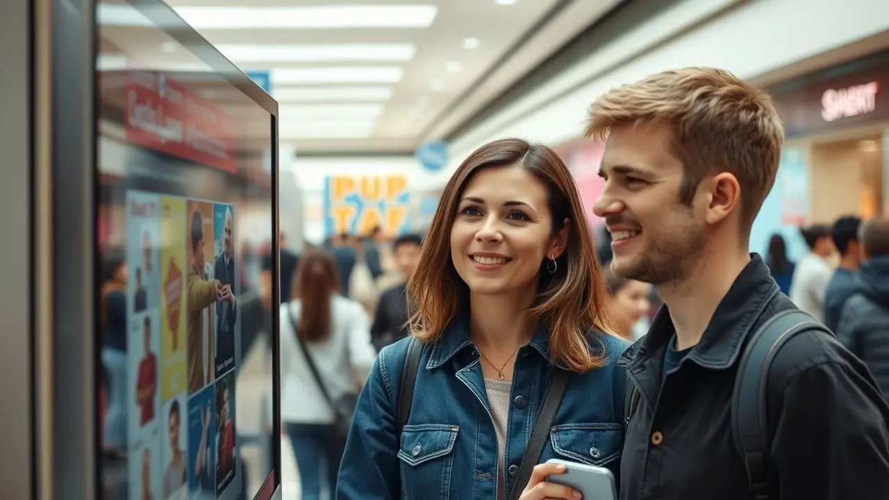 A woman and a man in their 30s looking at a digital signage screen in a busy shopping mall. A woman and a man in their 30s looking at a digital signage screen in a busy shopping mall.