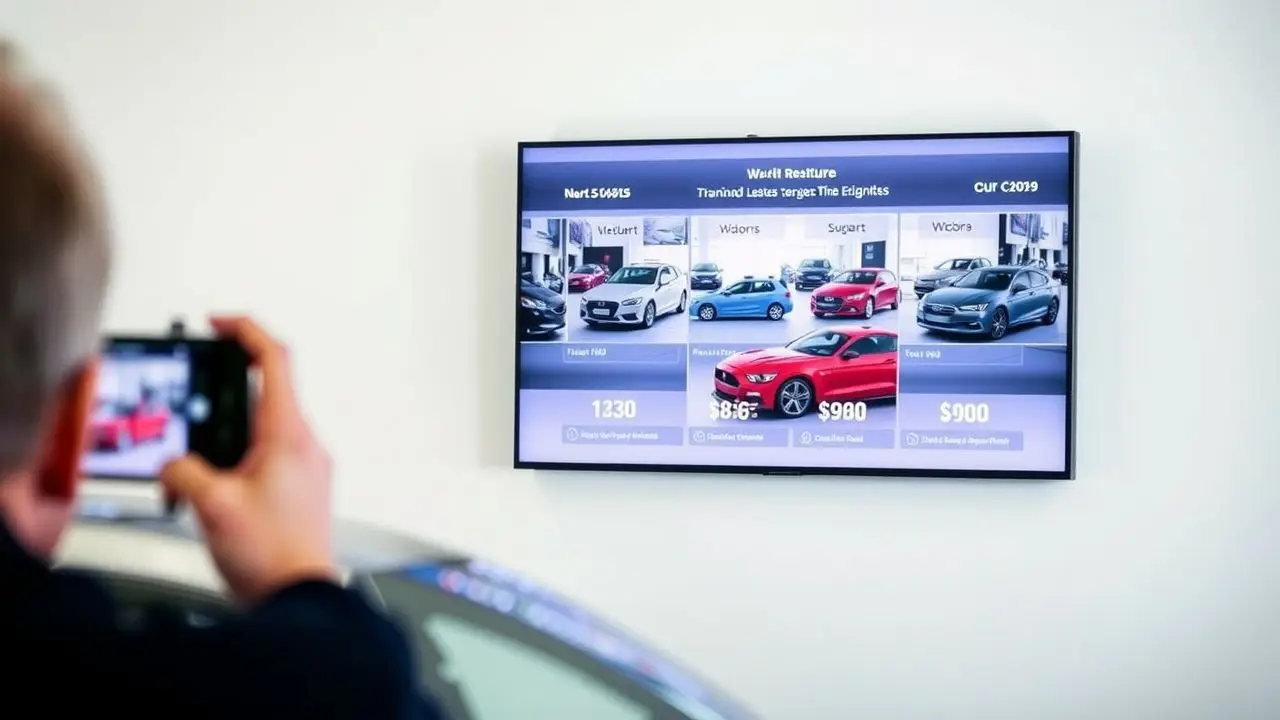 A digital signage screen in a car dealership showroom displays car models and prices.