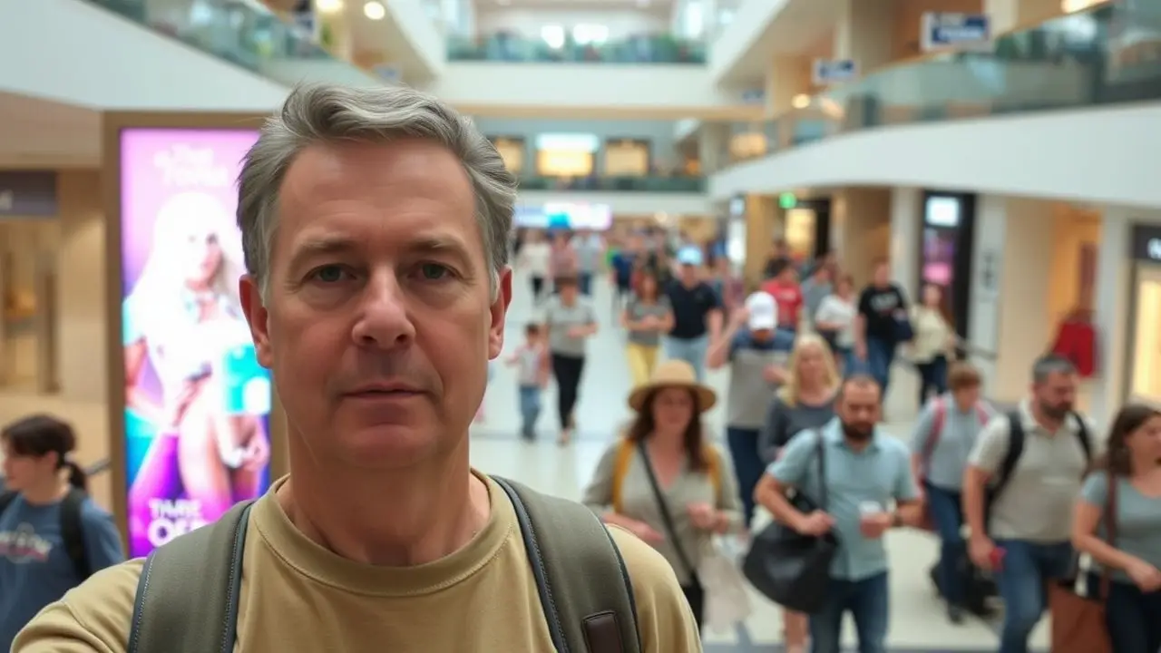 A busy mall atrium with diverse shoppers and digital advertisements. A busy mall atrium with diverse shoppers and digital advertisements.