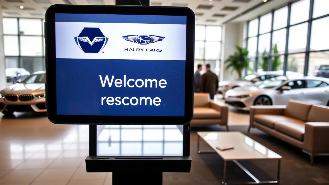 A luxury car dealership showroom with modern furniture and stylish cars.