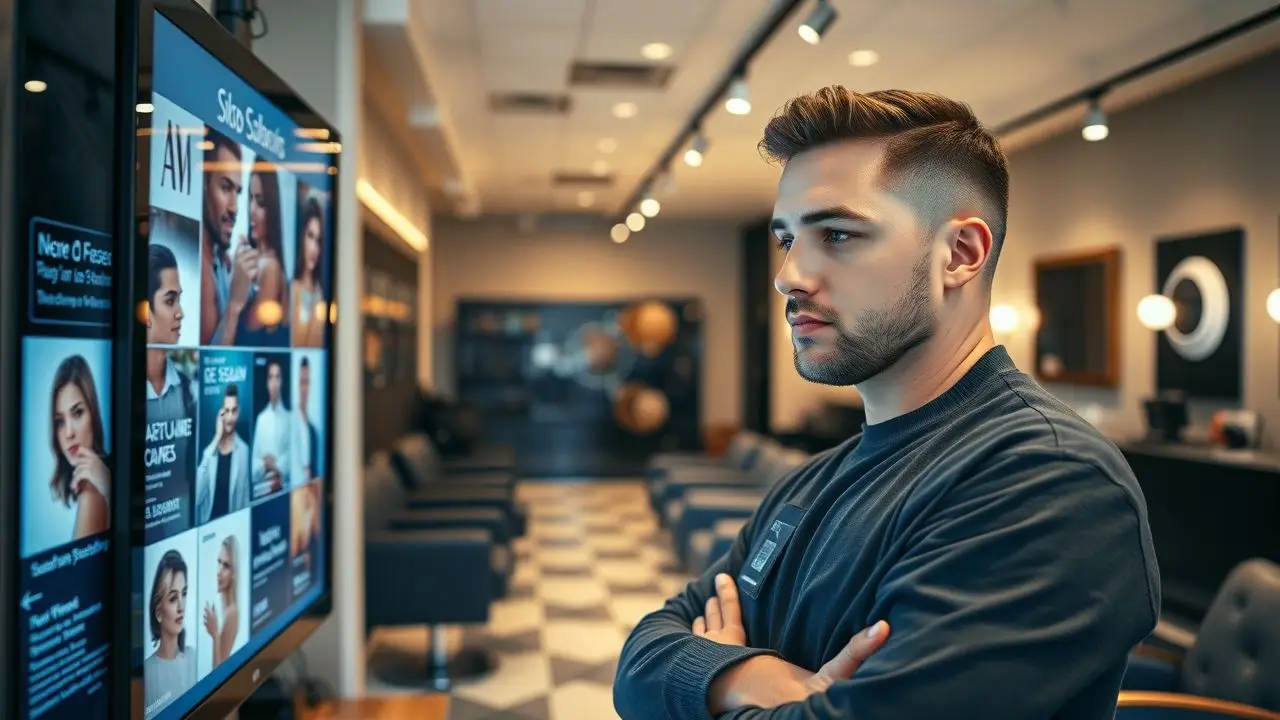 A barber standing in a modern salon looking at digital promotions. A barber standing in a modern salon looking at digital promotions.