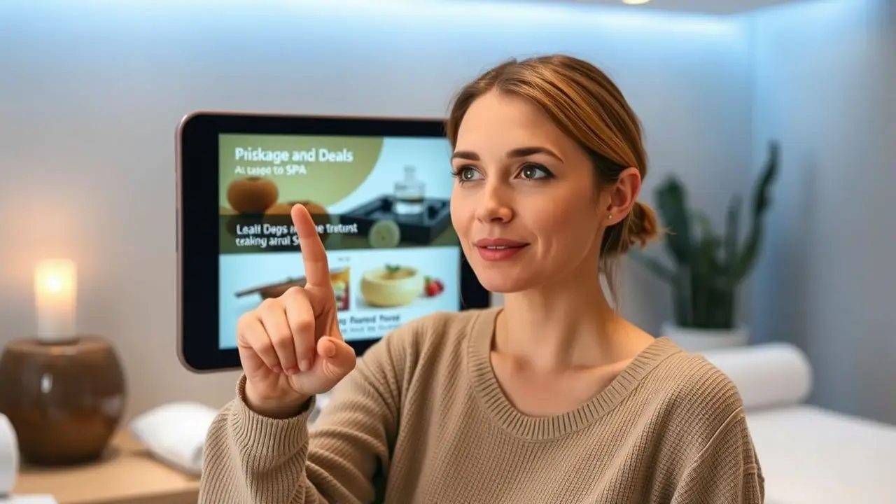 A woman using a digital touch screen at a spa.