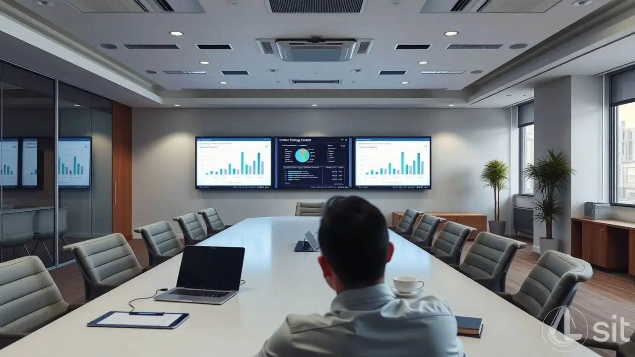 A modern office conference room with advanced digital displays for training.