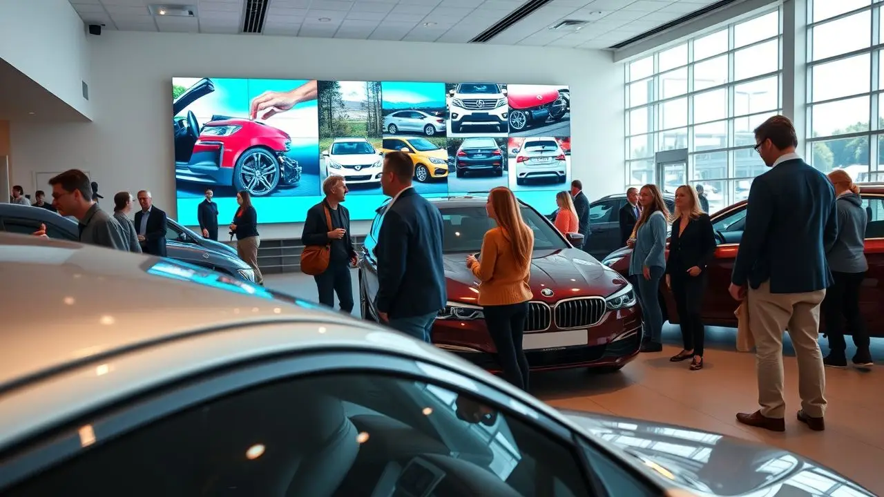 A car dealership showroom with a large digital video wall and diverse customers.
