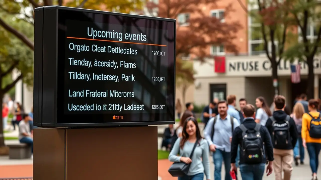 A digital campus sign displays upcoming events and updates for students. A digital campus sign displays upcoming events and updates for students.