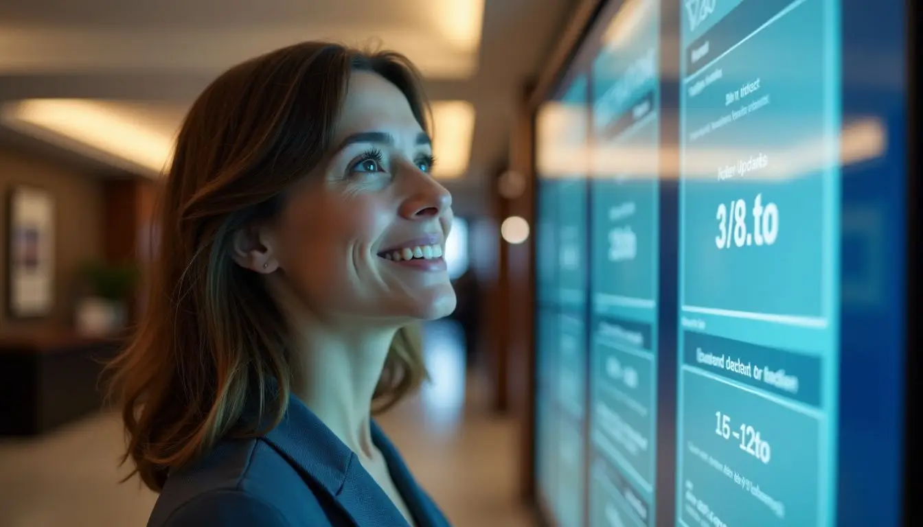 A woman in a modern hotel lobby looks at a digital screen. A woman in a modern hotel lobby looks at a digital screen.