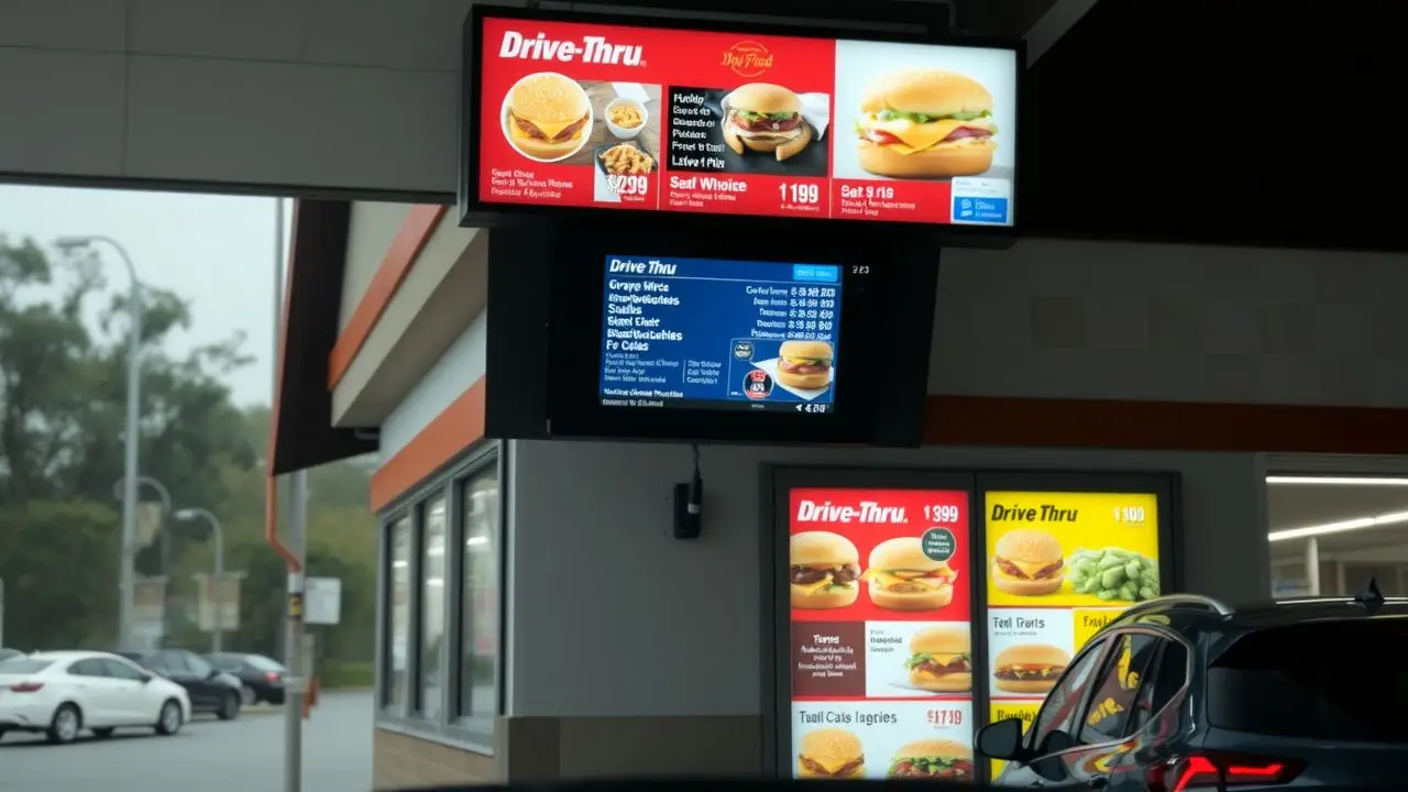 A digital menu board in a fast food drive-thru with new items.