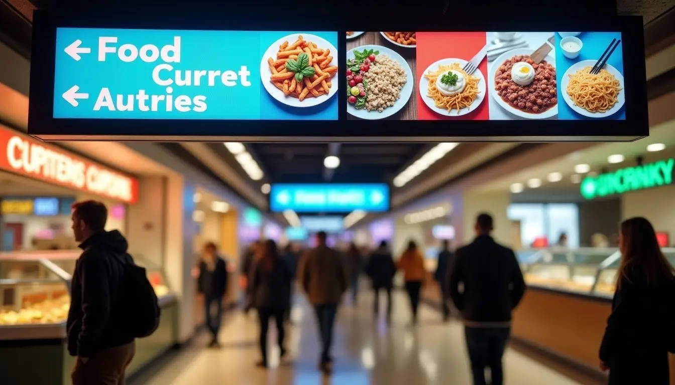 A digital sign in a mall food court directing shoppers to different food options. A digital sign in a mall food court directing shoppers to different food options.