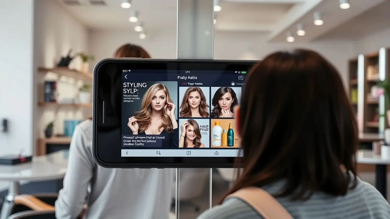A salon reception area with digital screen displaying hair styling tips. A salon reception area with digital screen displaying hair styling tips.