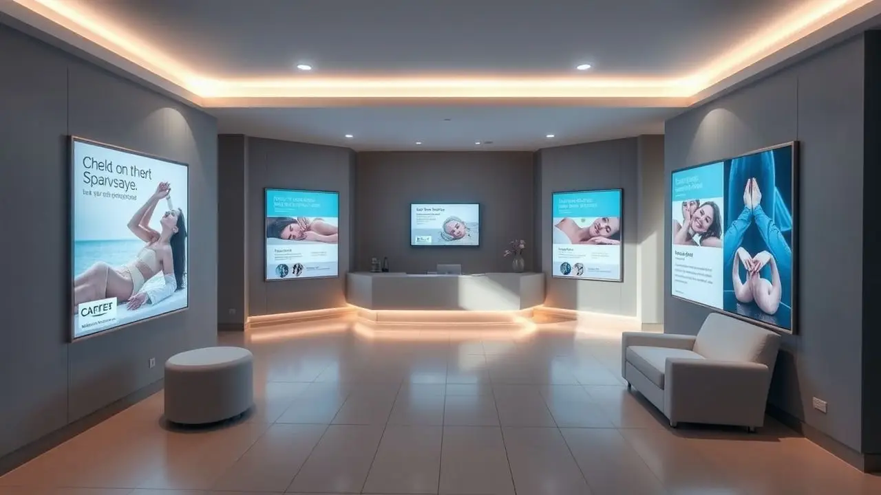A serene spa lobby with modern digital displays and muted colors.
