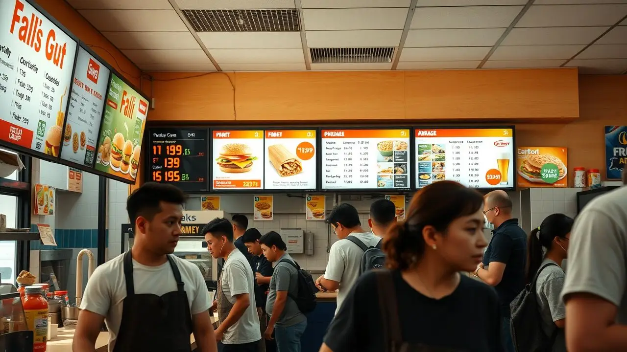 A busy fast food restaurant with workers and changing digital menus.