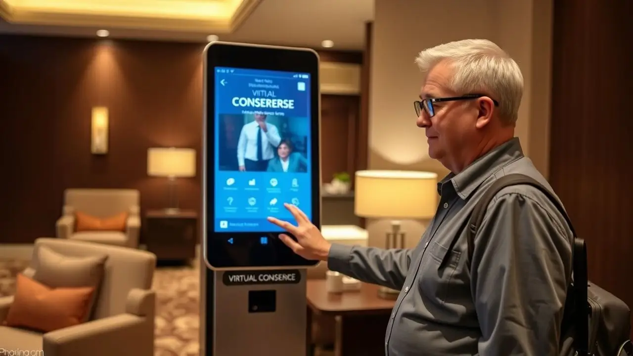A hotel guest interacts with a virtual concierge kiosk in the lobby. A hotel guest interacts with a virtual concierge kiosk in the lobby.