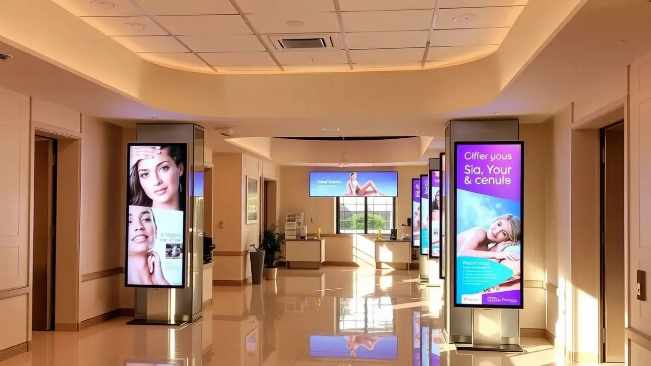 A vibrant spa lobby with colorful digital signs creates an inviting atmosphere.