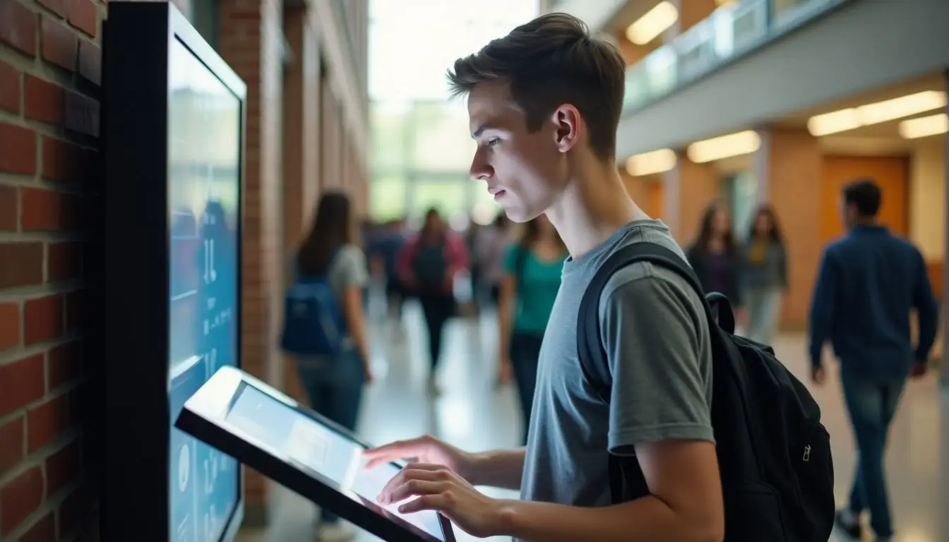 A college student using a touchscreen kiosk on a busy university campus. A college student using a touchscreen kiosk on a busy university campus.