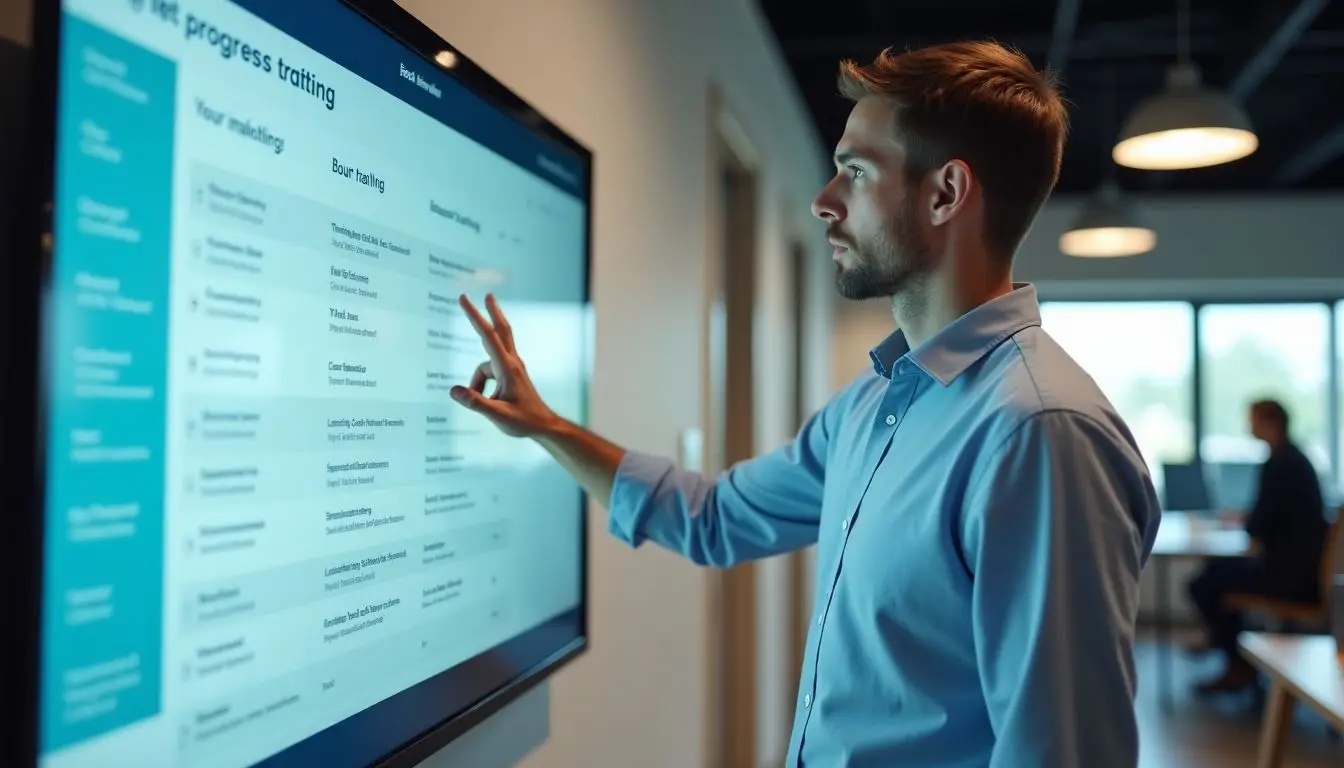 A man interacts with digital training materials in a modern office.