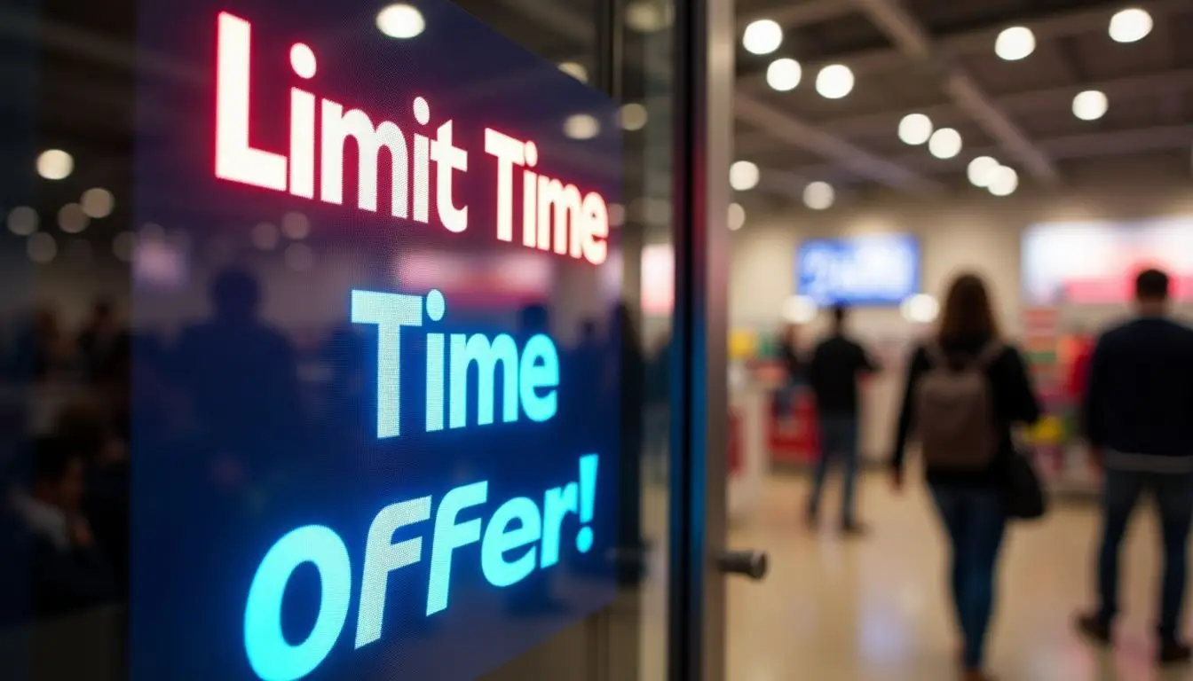 A digital sign in a retail store promotes a limited time offer. A digital sign in a retail store promotes a limited time offer.