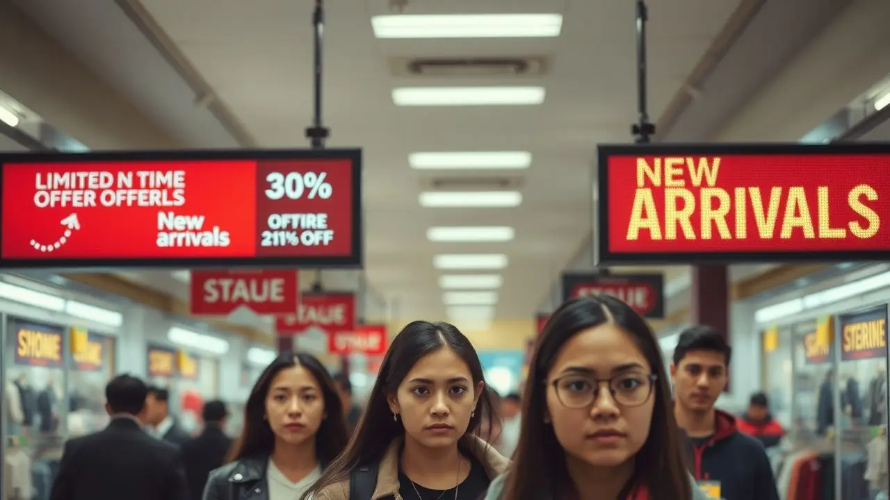 A busy retail store with digital signs promoting limited-time offers. A busy retail store with digital signs promoting limited-time offers.