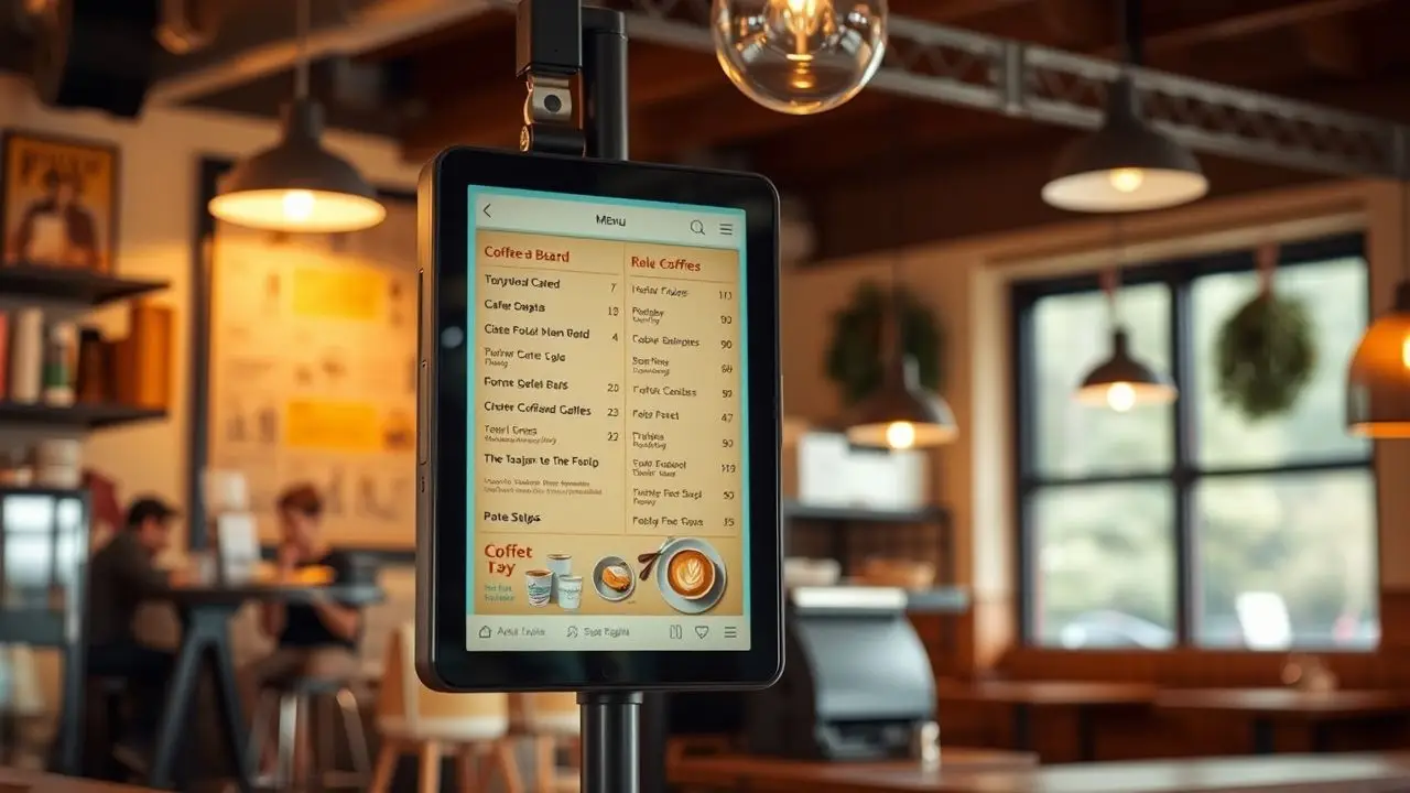 A cozy coffee shop features a digital menu board. A cozy coffee shop features a digital menu board.