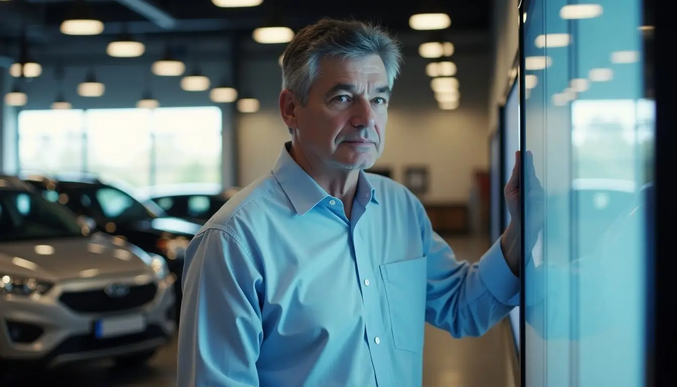 A man inspecting digital signage hardware in a car dealership showroom.