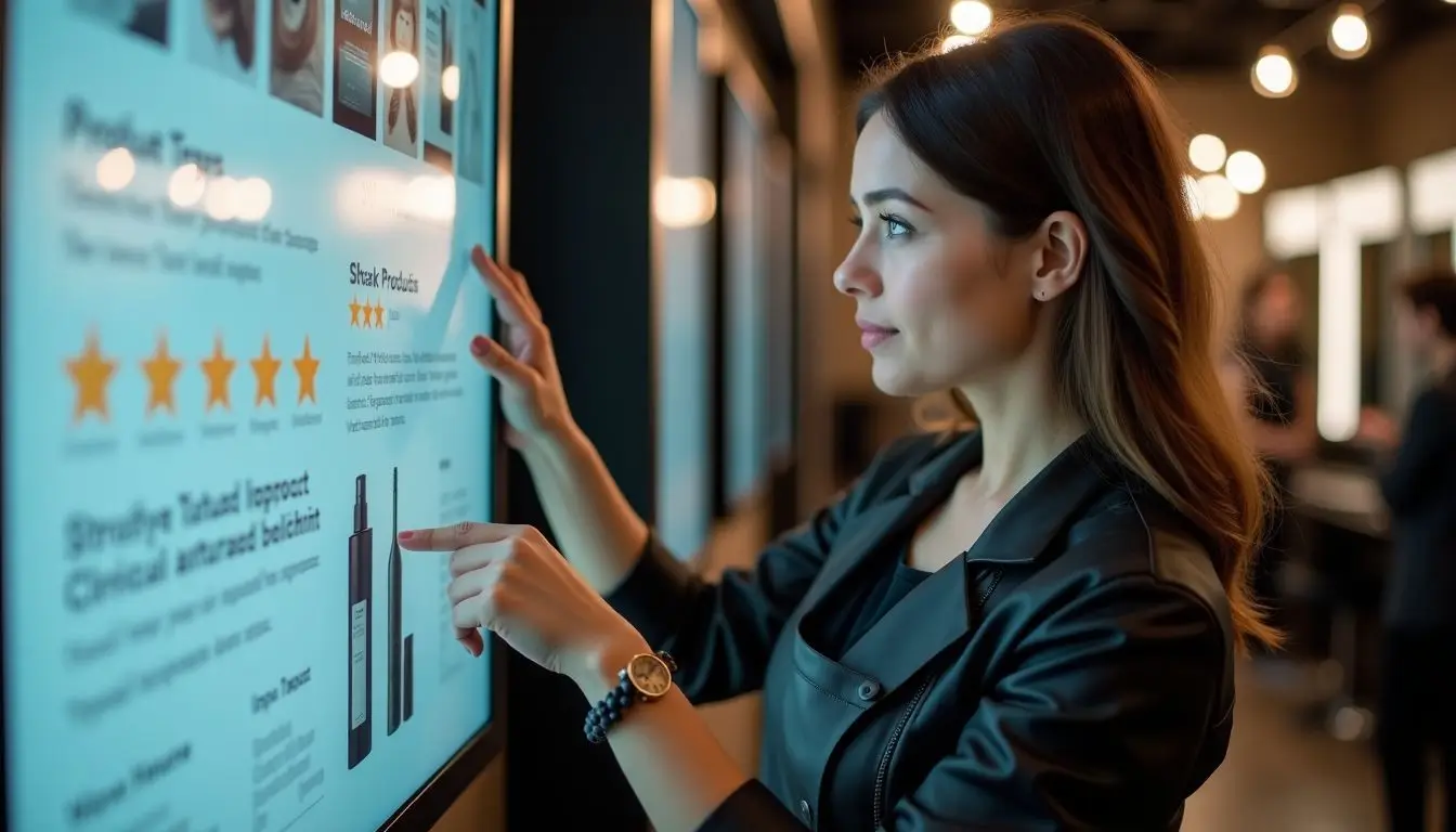 A hair stylist updating a digital sign in a modern salon. A hair stylist updating a digital sign in a modern salon.