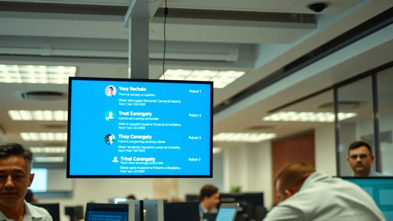 An office environment with a digital display showing important updates.