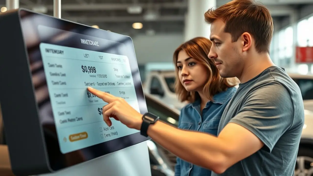 A couple in their 30s looking at new car details on a digital touch screen at a dealership.