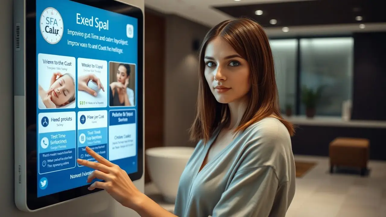 A woman updating promotions on a digital display in a spa lobby.