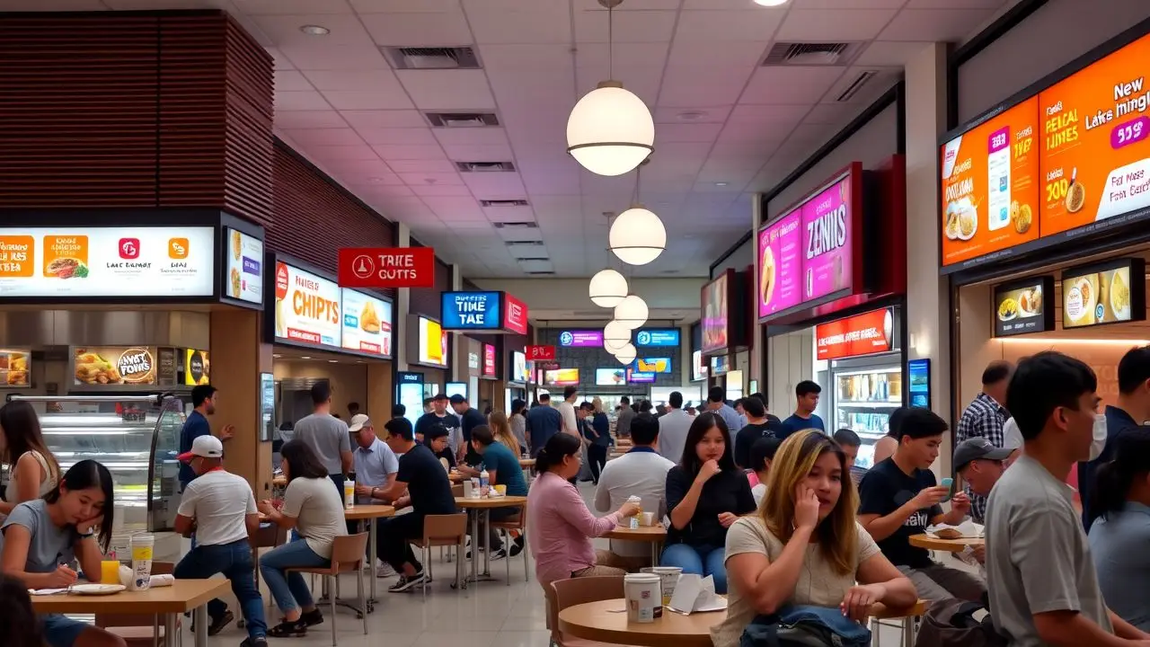 A busy food court in a shopping mall with diverse food vendors and customers. A busy food court in a shopping mall with diverse food vendors and customers.
