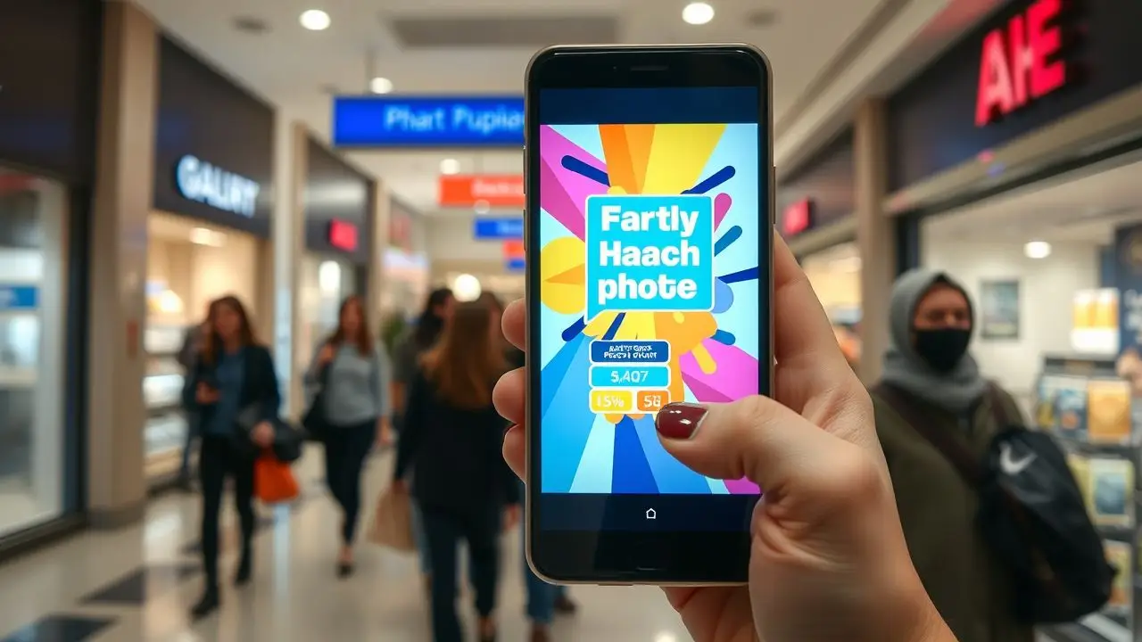 A digital screen displays a bright promotion in a busy mall. A digital screen displays a bright promotion in a busy mall.