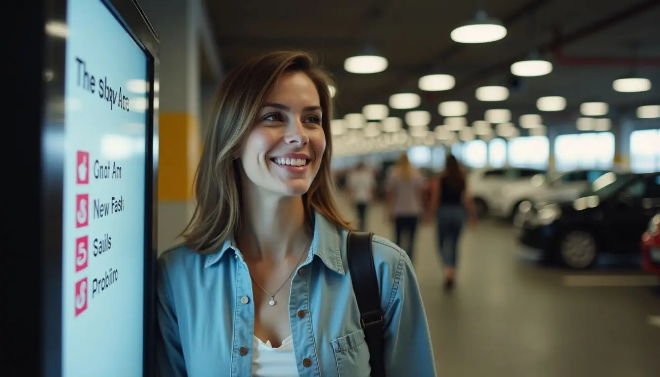 A woman in her thirties is walking through a parking garage. A woman in her thirties is walking through a parking garage.