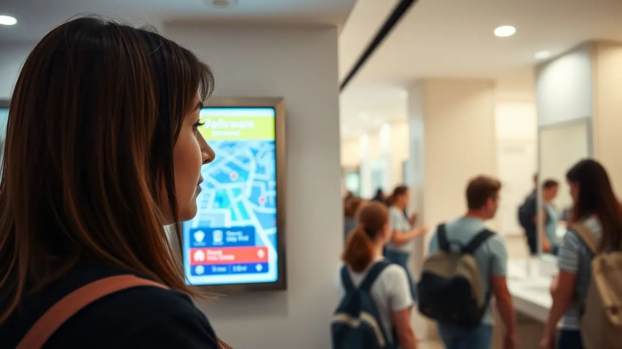 A woman in her 30s is looking at a digital map in a shopping mall restroom. A woman in her 30s is looking at a digital map in a shopping mall restroom.