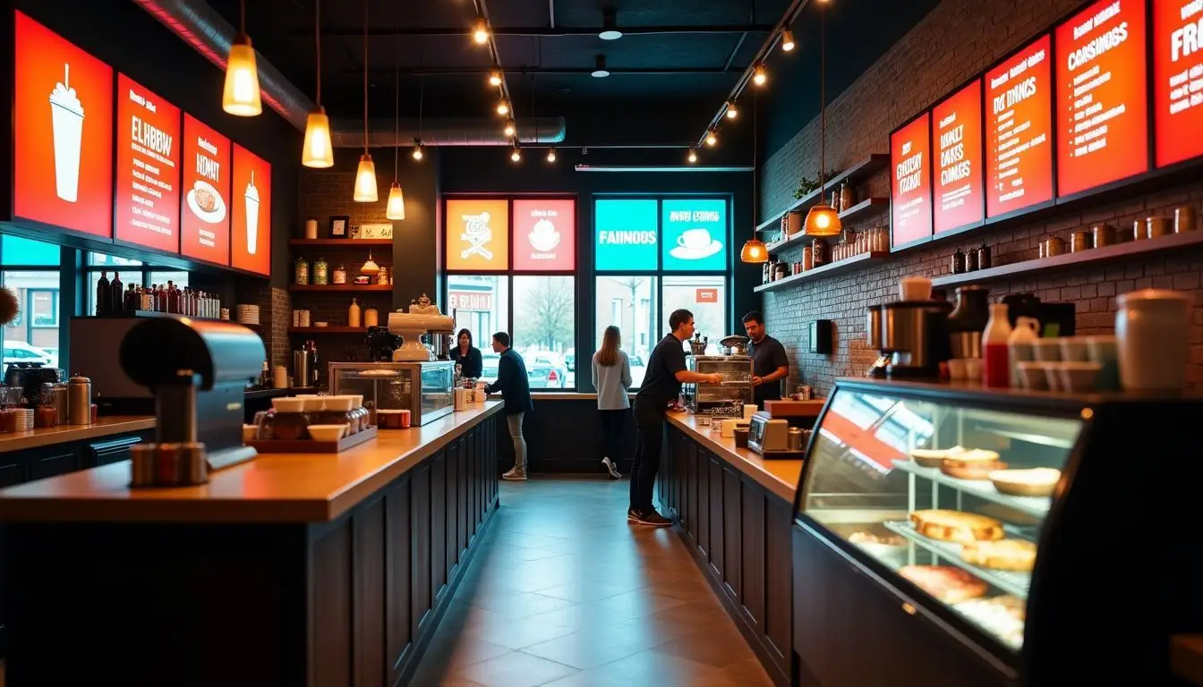 A vibrant coffee shop with colorful displays and inviting atmosphere. A vibrant coffee shop with colorful displays and inviting atmosphere.