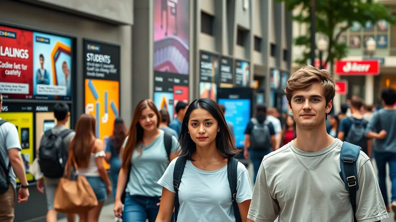 A busy college campus with digital signage displays and students. A busy college campus with digital signage displays and students.
