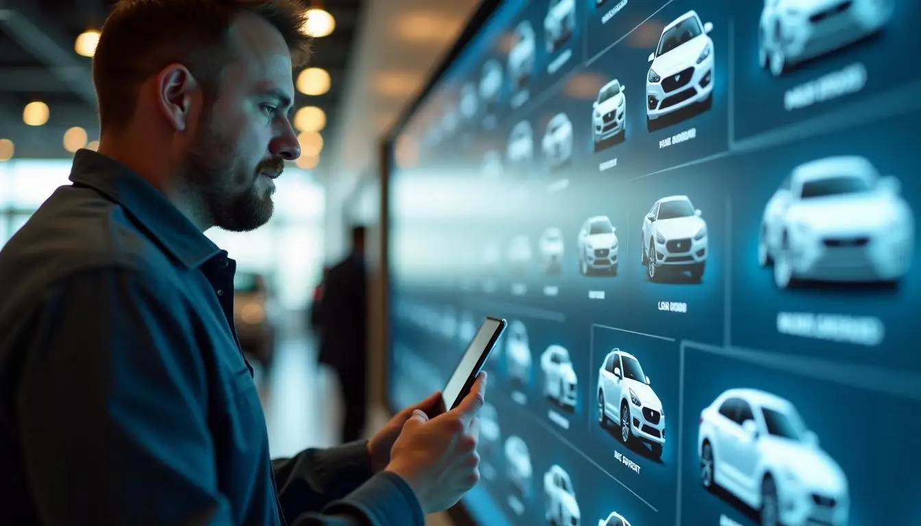 A man looking at digital car inventory display at dealership.