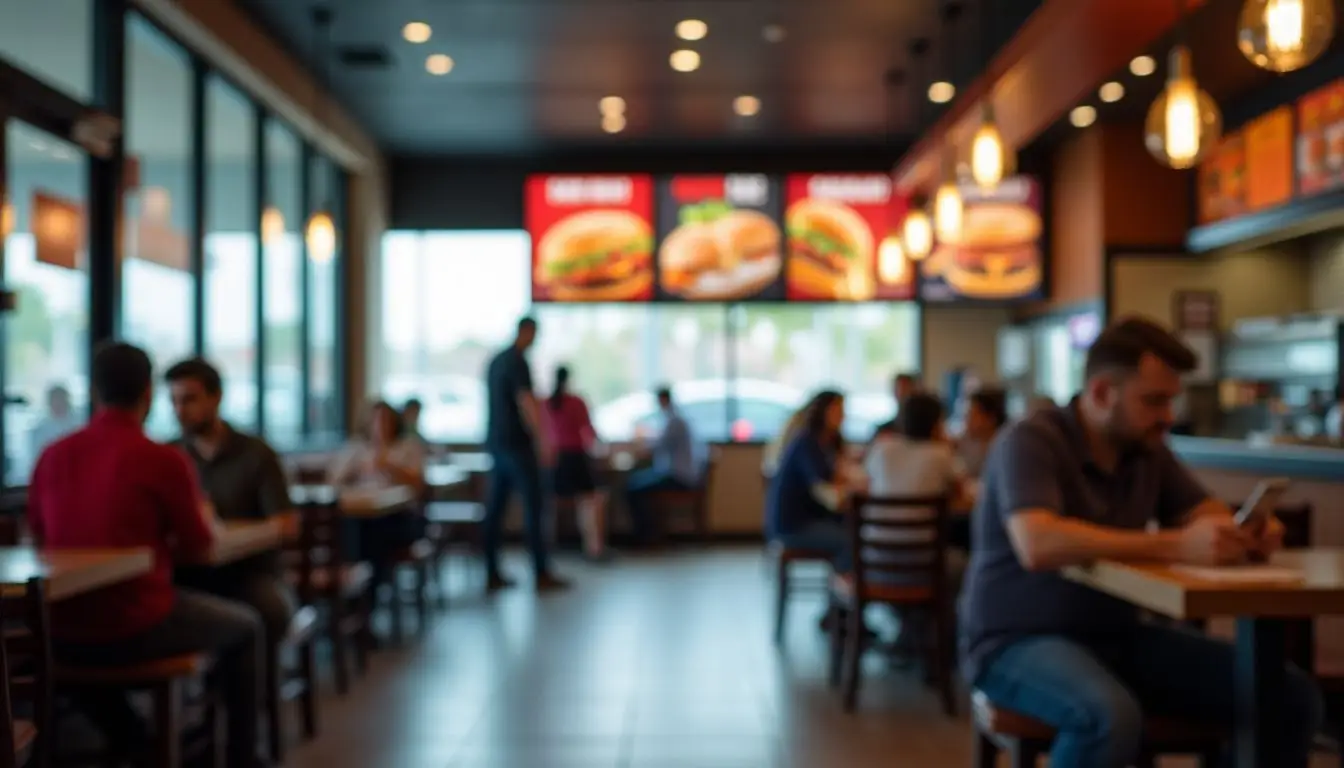 A fast-food restaurant interior with a digital menu board.