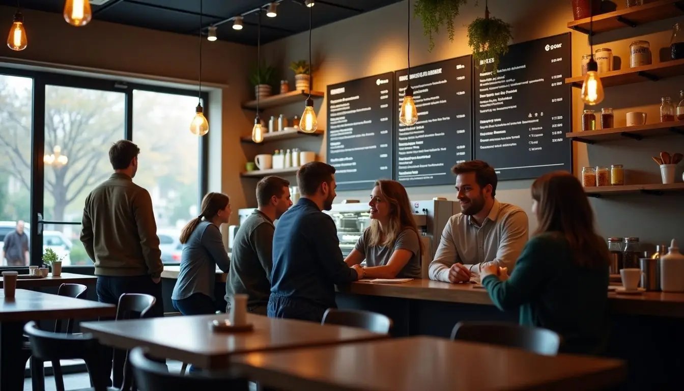 The cozy coffee shop has a modern digital menu and a welcoming atmosphere. The cozy coffee shop has a modern digital menu and a welcoming atmosphere.