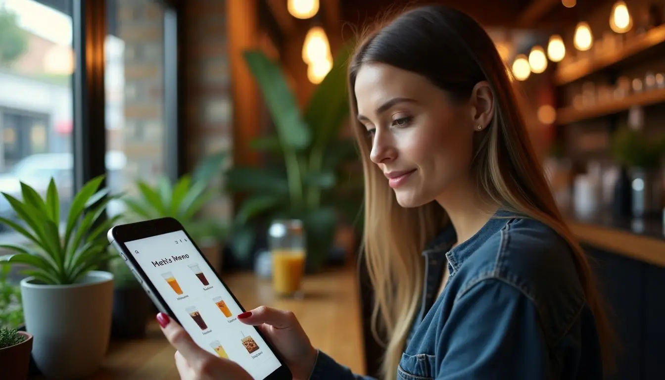 A woman browsing digital menu in a cozy café. A woman browsing digital menu in a cozy café.