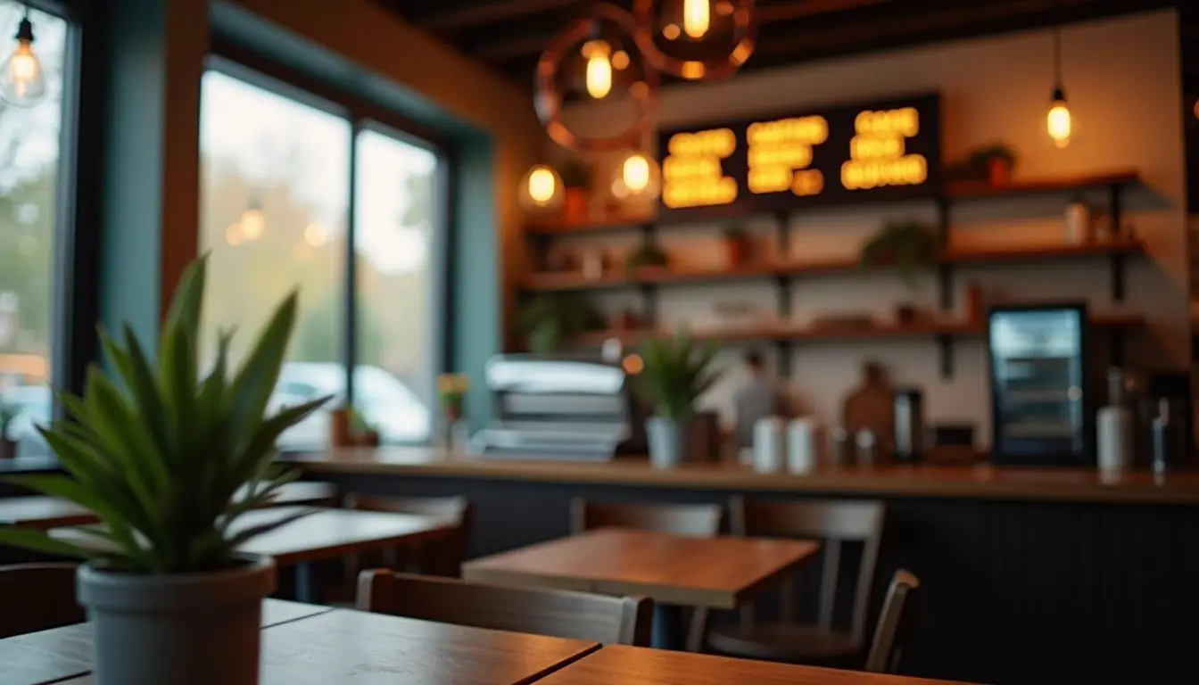 The cozy coffee shop has a warm, inviting atmosphere with a modern twist. The cozy coffee shop has a warm, inviting atmosphere with a modern twist.