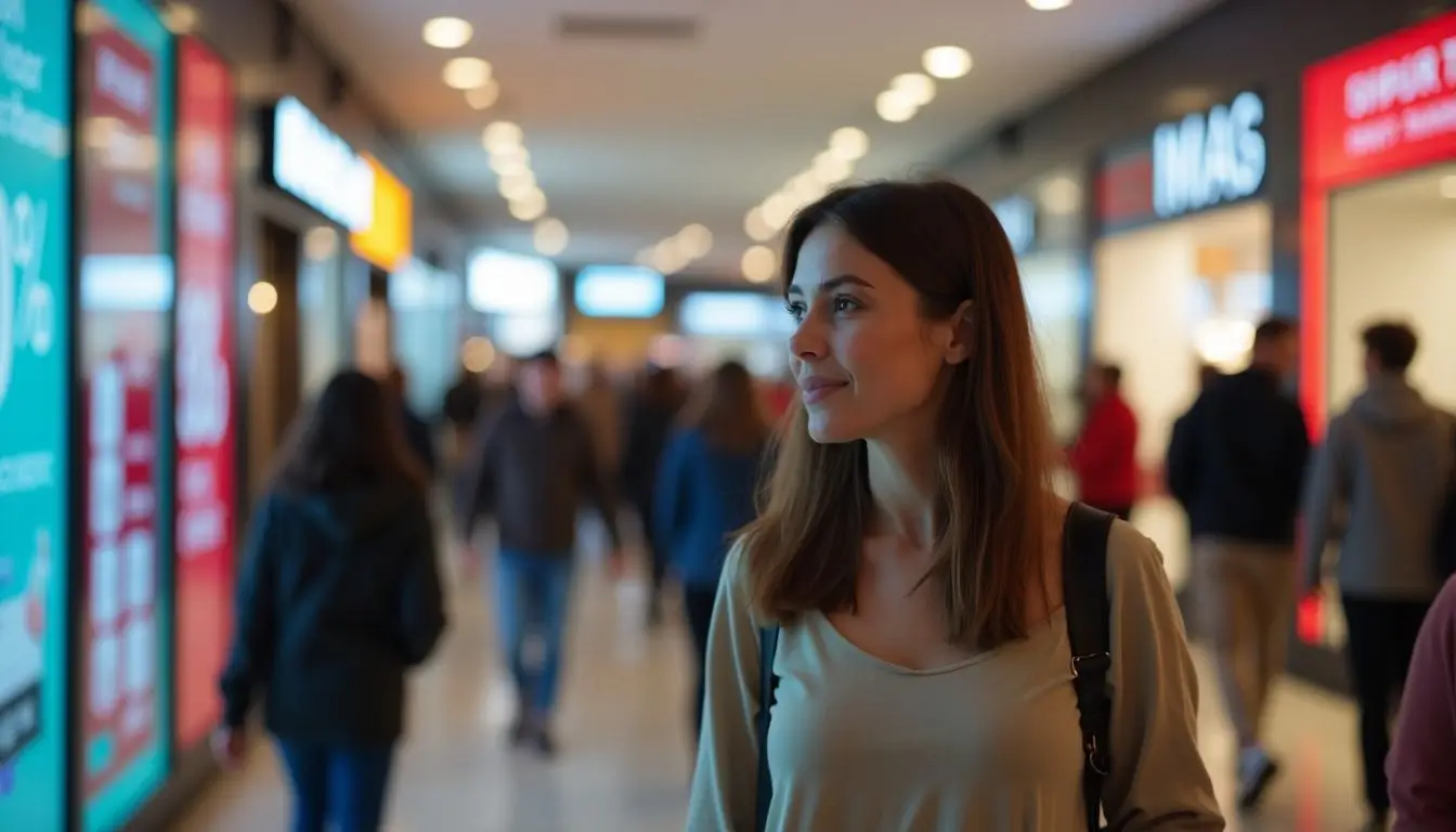 A woman walks through a busy shopping mall, looking at a digital sign. A woman walks through a busy shopping mall, looking at a digital sign.