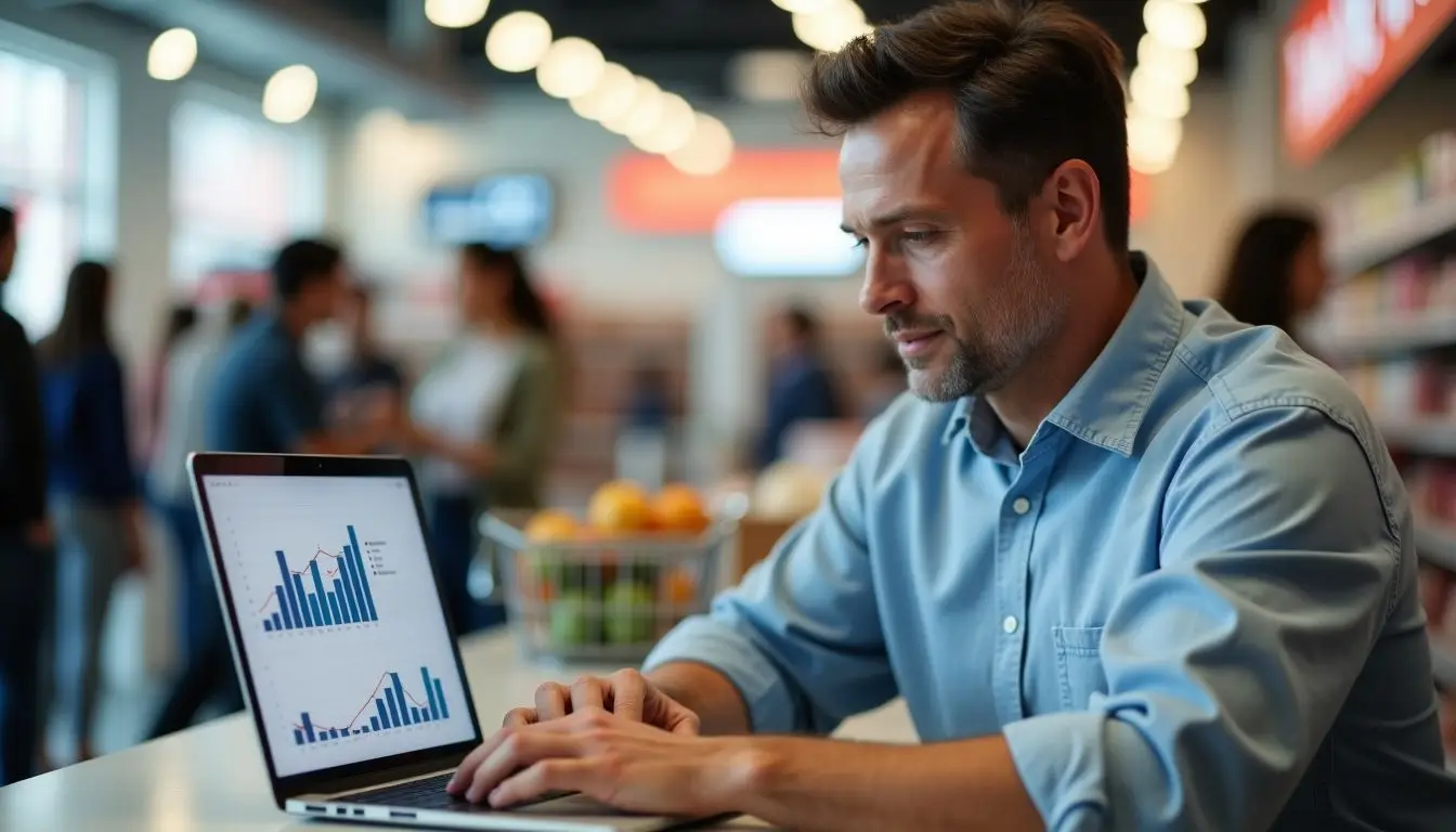 A retail manager analyzes sales data on a laptop in a busy store. A retail manager analyzes sales data on a laptop in a busy store.