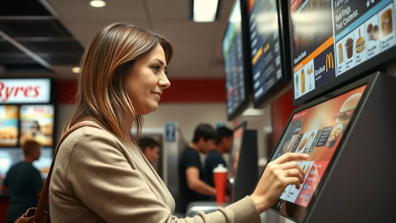 A woman in her 30s ordering from a digital menu at a fast-food restaurant.