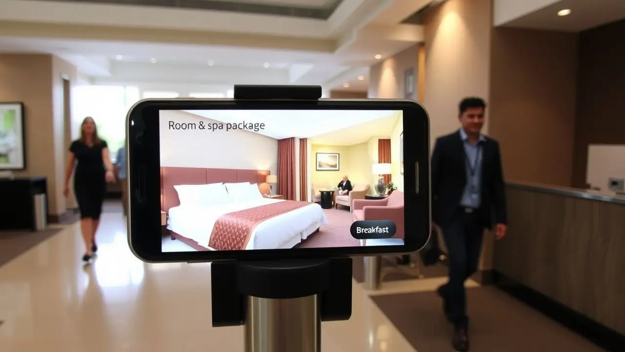 Hotel lobby display advertises room and spa package with breakfast. Hotel lobby display advertises room and spa package with breakfast.