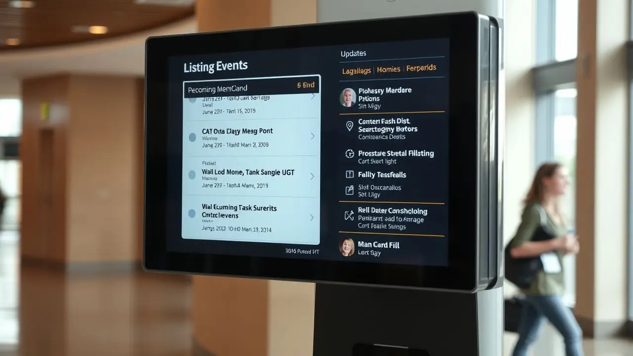 A digital sign in a hotel lobby displays real-time event listings. A digital sign in a hotel lobby displays real-time event listings.