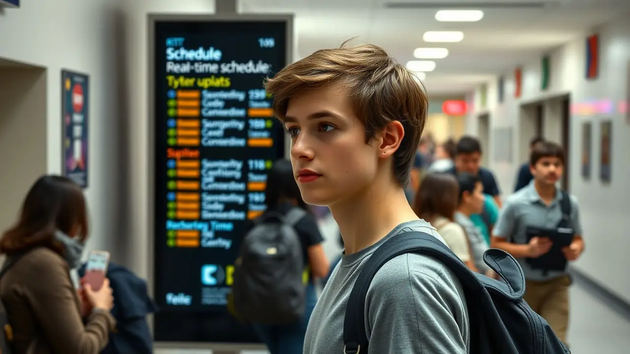 A college student checks the digital campus schedule in a bustling hallway. A college student checks the digital campus schedule in a bustling hallway.