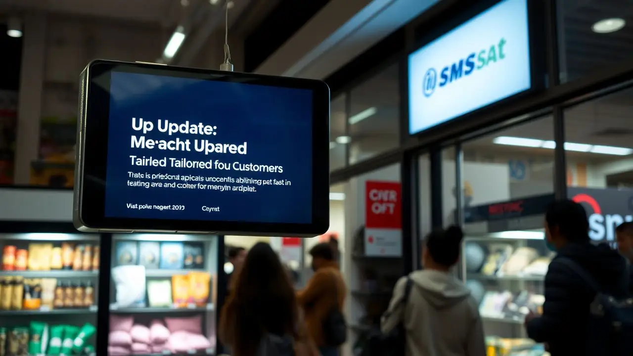 A busy retail store with a digital display screen for customer updates. A busy retail store with a digital display screen for customer updates.