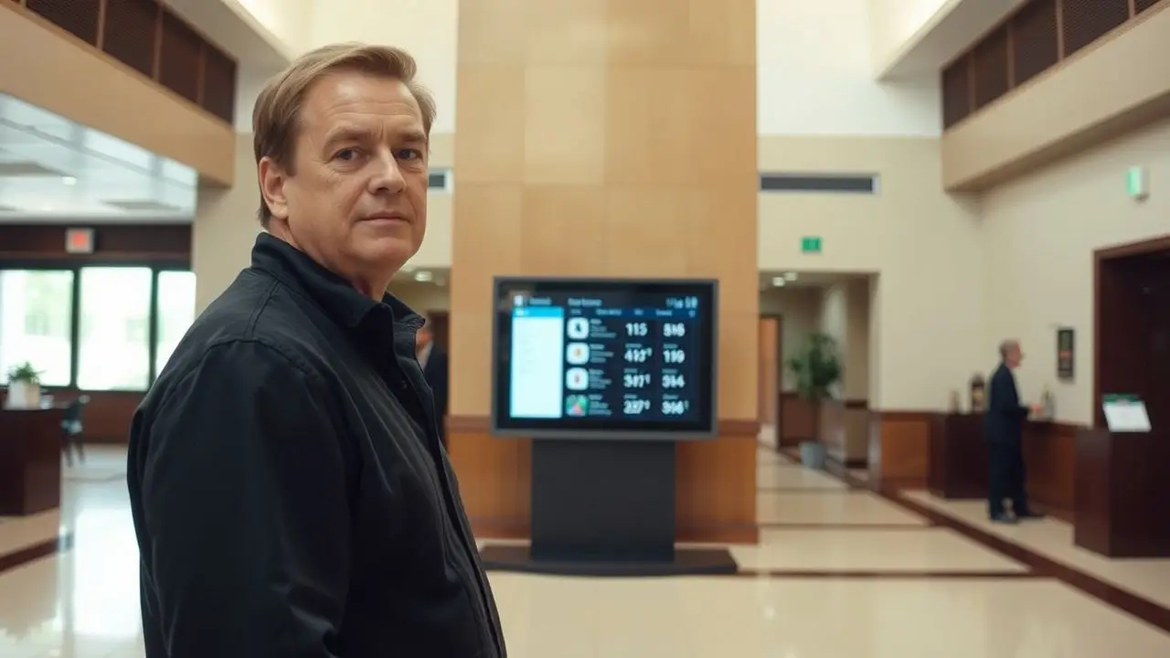 A middle-aged man checks in at a modern hotel lobby display. A middle-aged man checks in at a modern hotel lobby display.