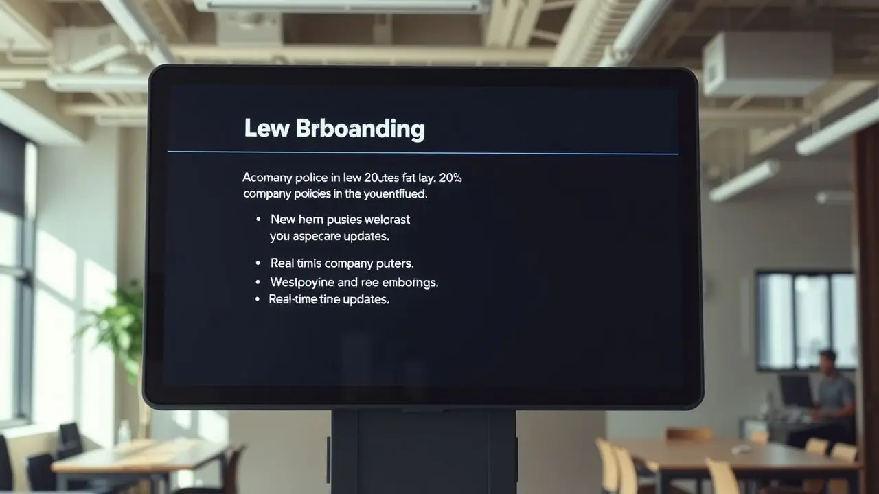 A digital signage screen in an office displays onboarding information for a new employee.