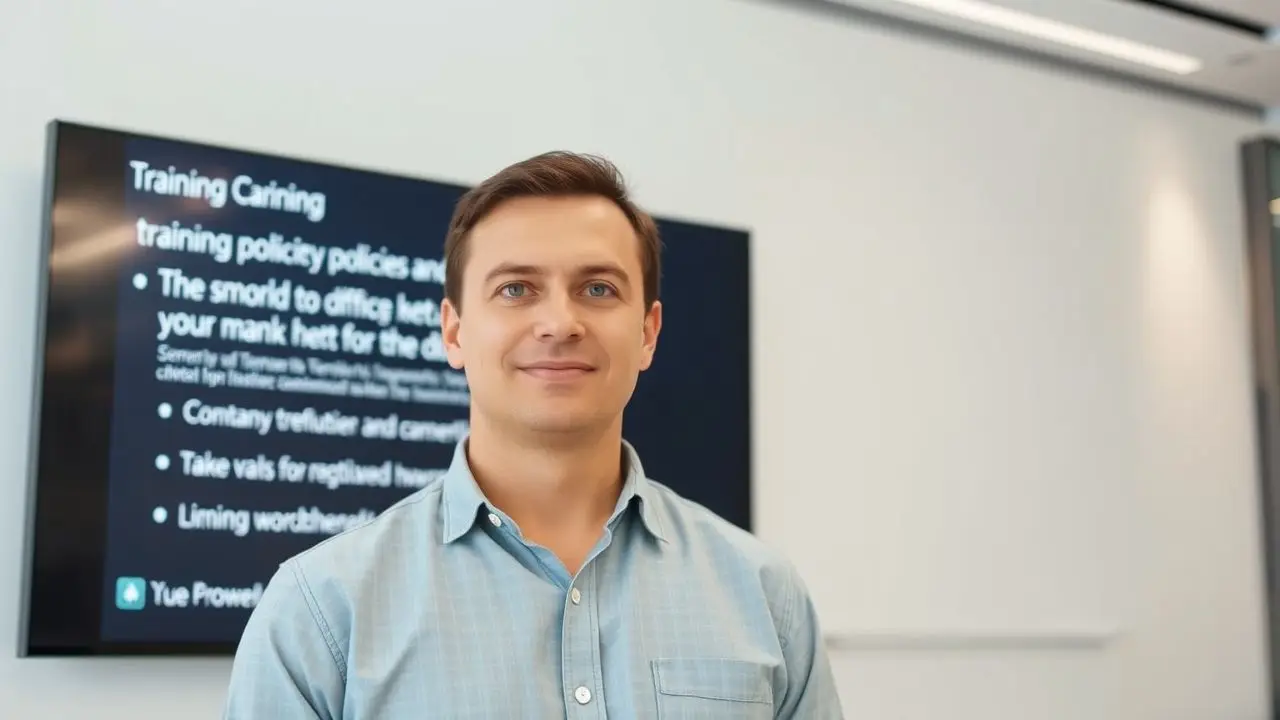 A male office worker standing in front of digital training content.